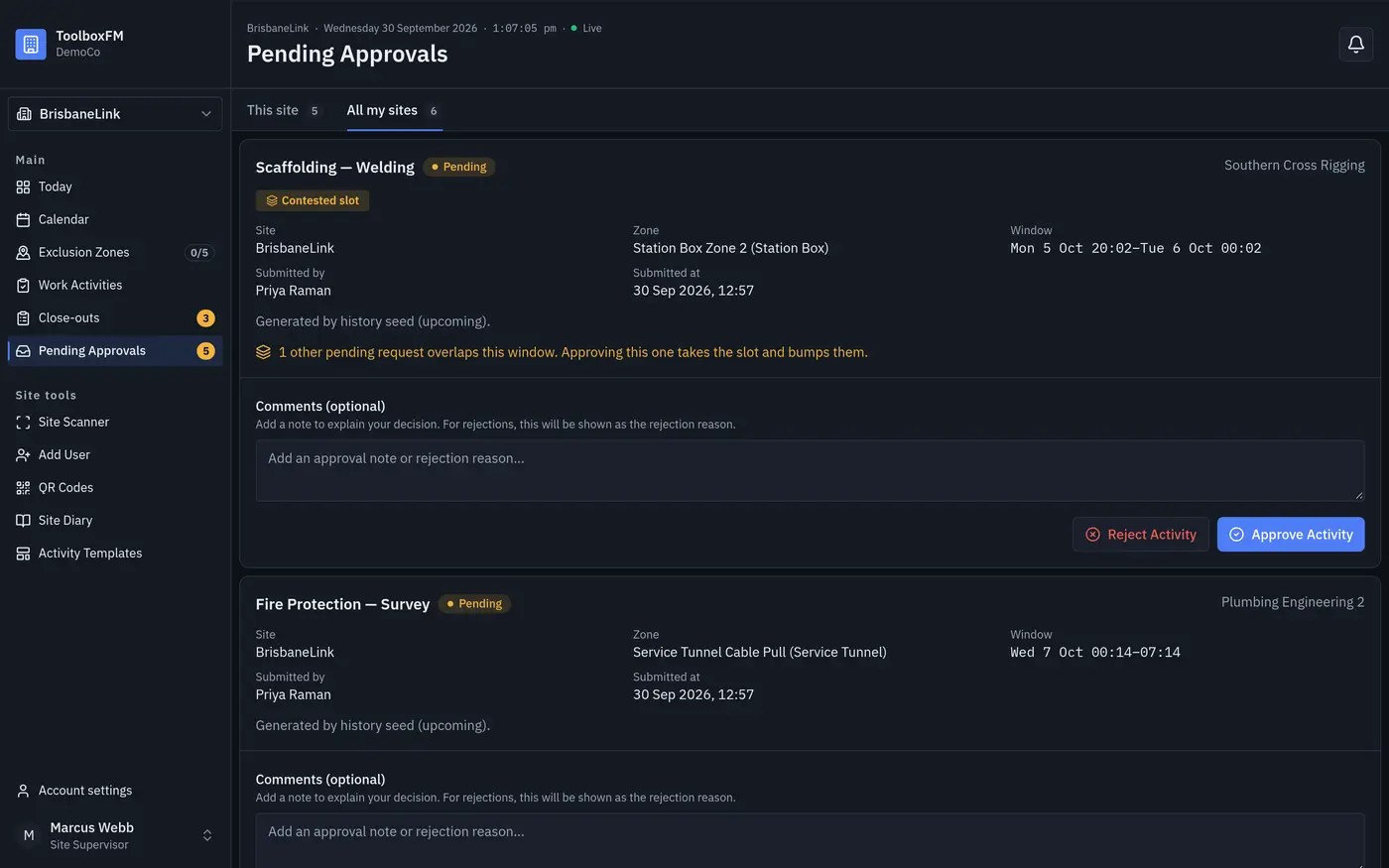 Pending approvals queue, each request showing its zone and requested window