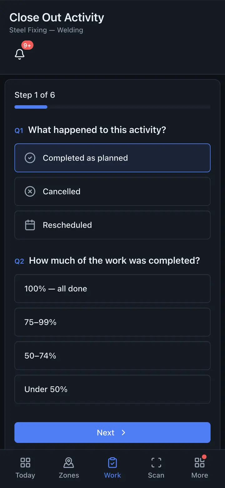 Close out activity wizard on a phone — step 1 of 6, what happened and how much was completed