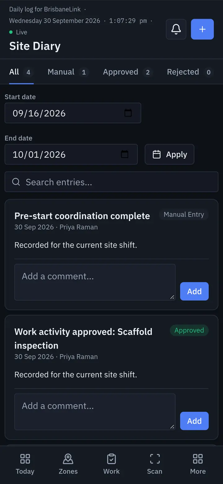 Project diary on a phone
