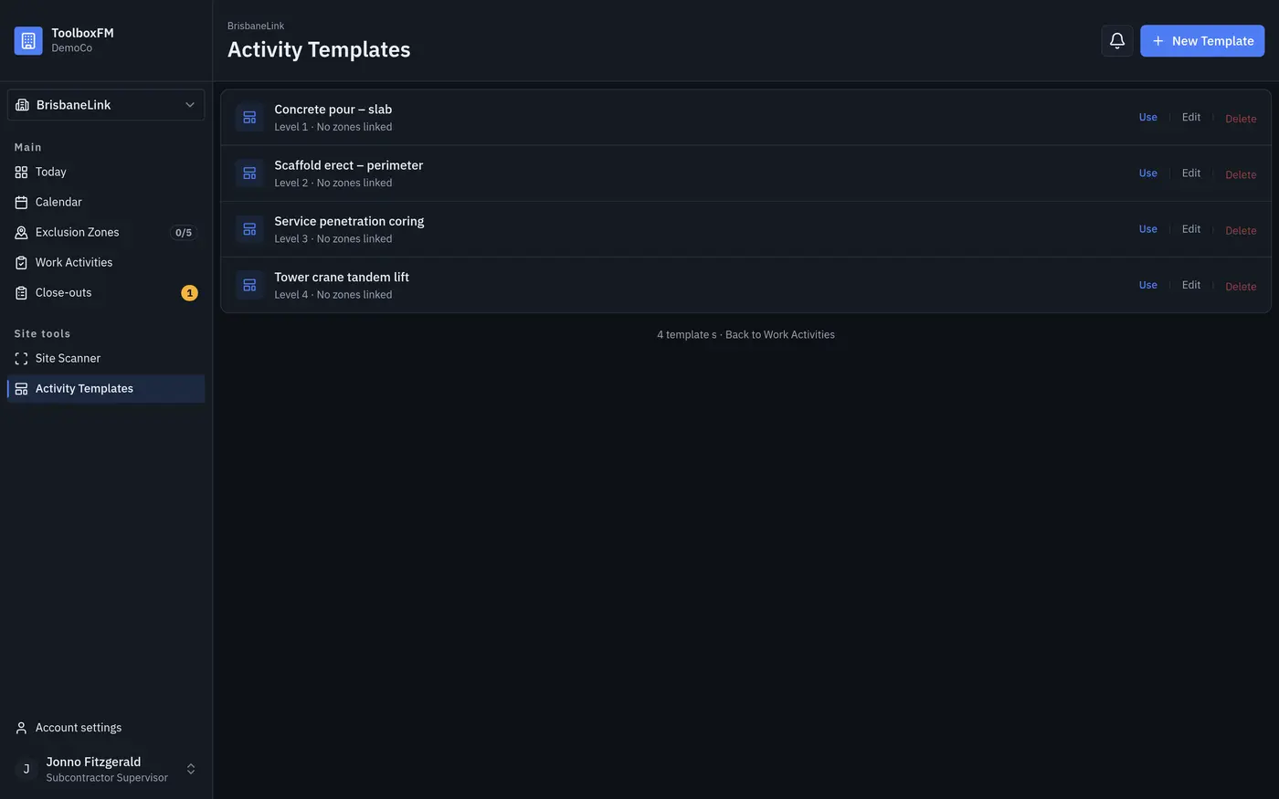 Reusable activity templates a subcontractor can book from