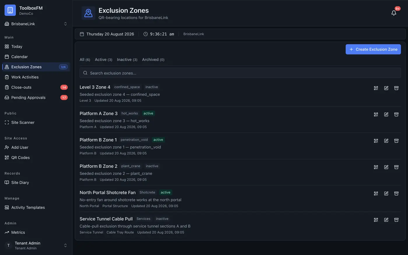 Exclusion Zones list — six QR-bearing zones with hazard type and active status