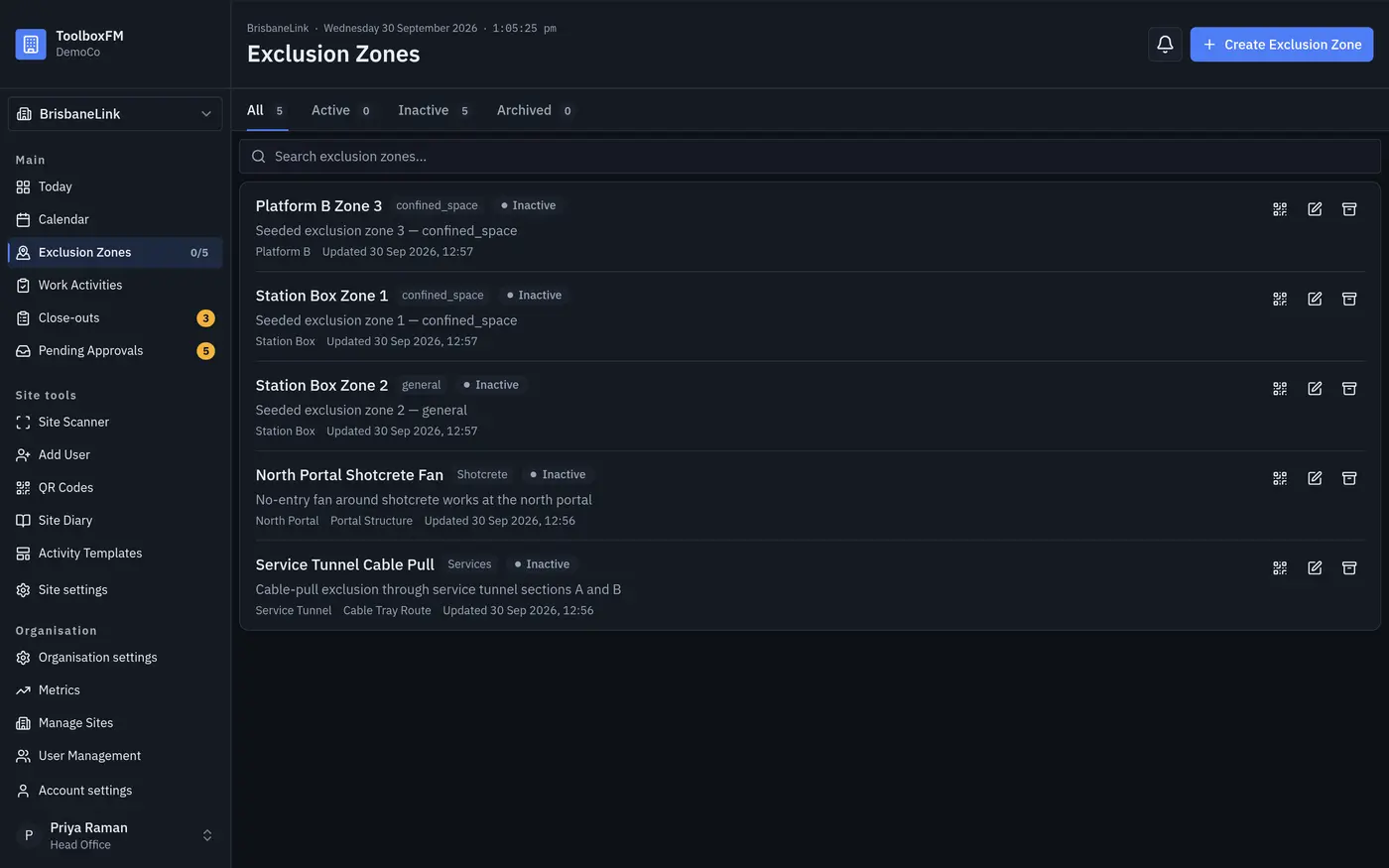 Exclusion zone register with hazard type, QR code and active status for each zone