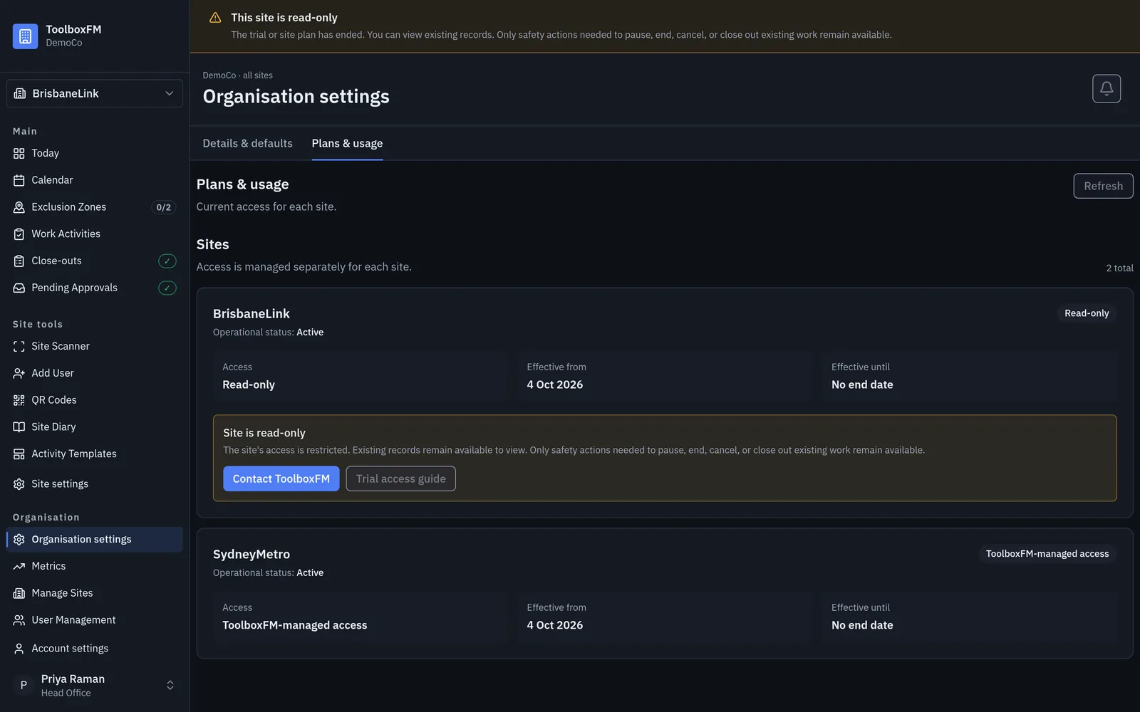 Plans and usage view showing one available project and one read-only project in dark mode