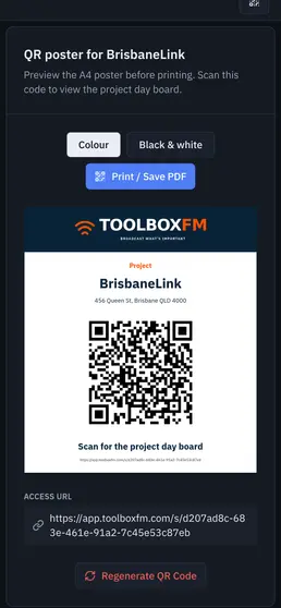 Branded project QR poster preview with Colour, Black & white and Print / Save PDF controls