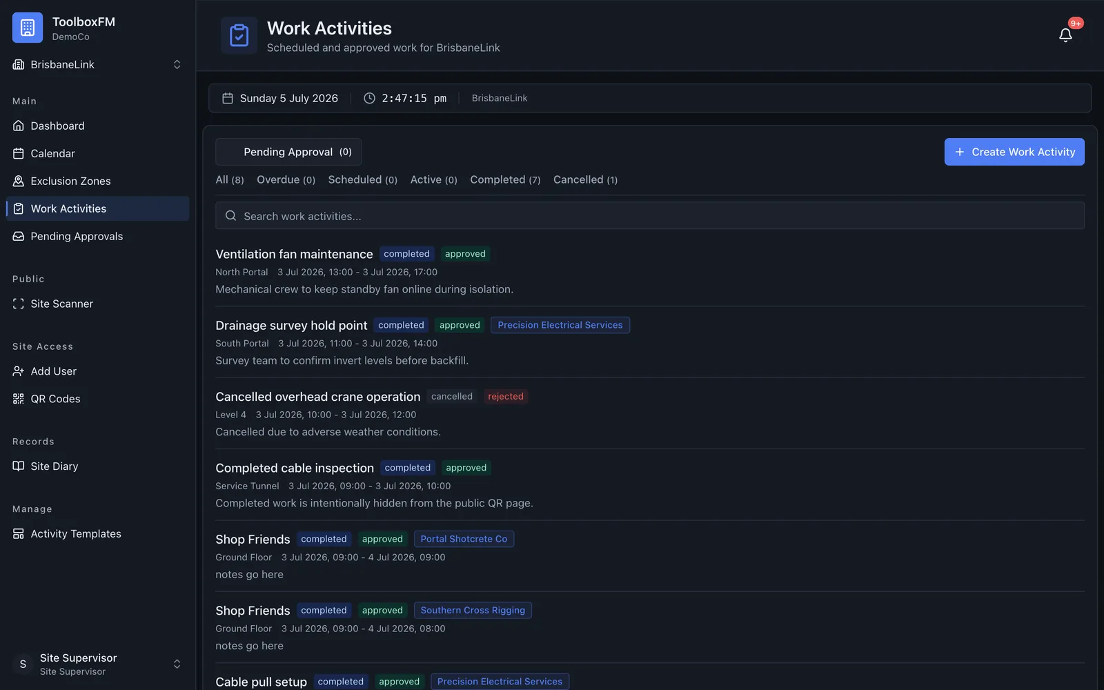 ToolboxFM — scheduled and approved work activities on desktop