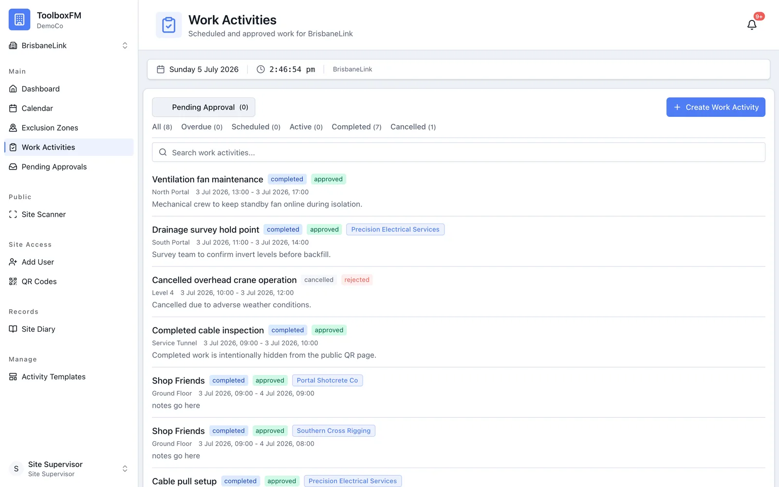 ToolboxFM — scheduled and approved work activities on desktop