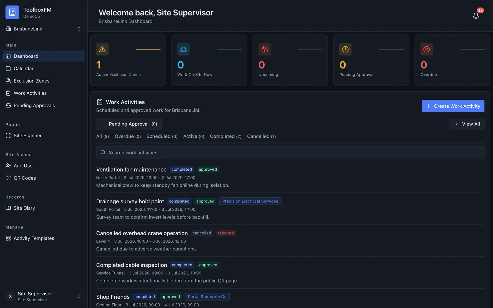 ToolboxFM dashboard — live exclusion zones and work activities