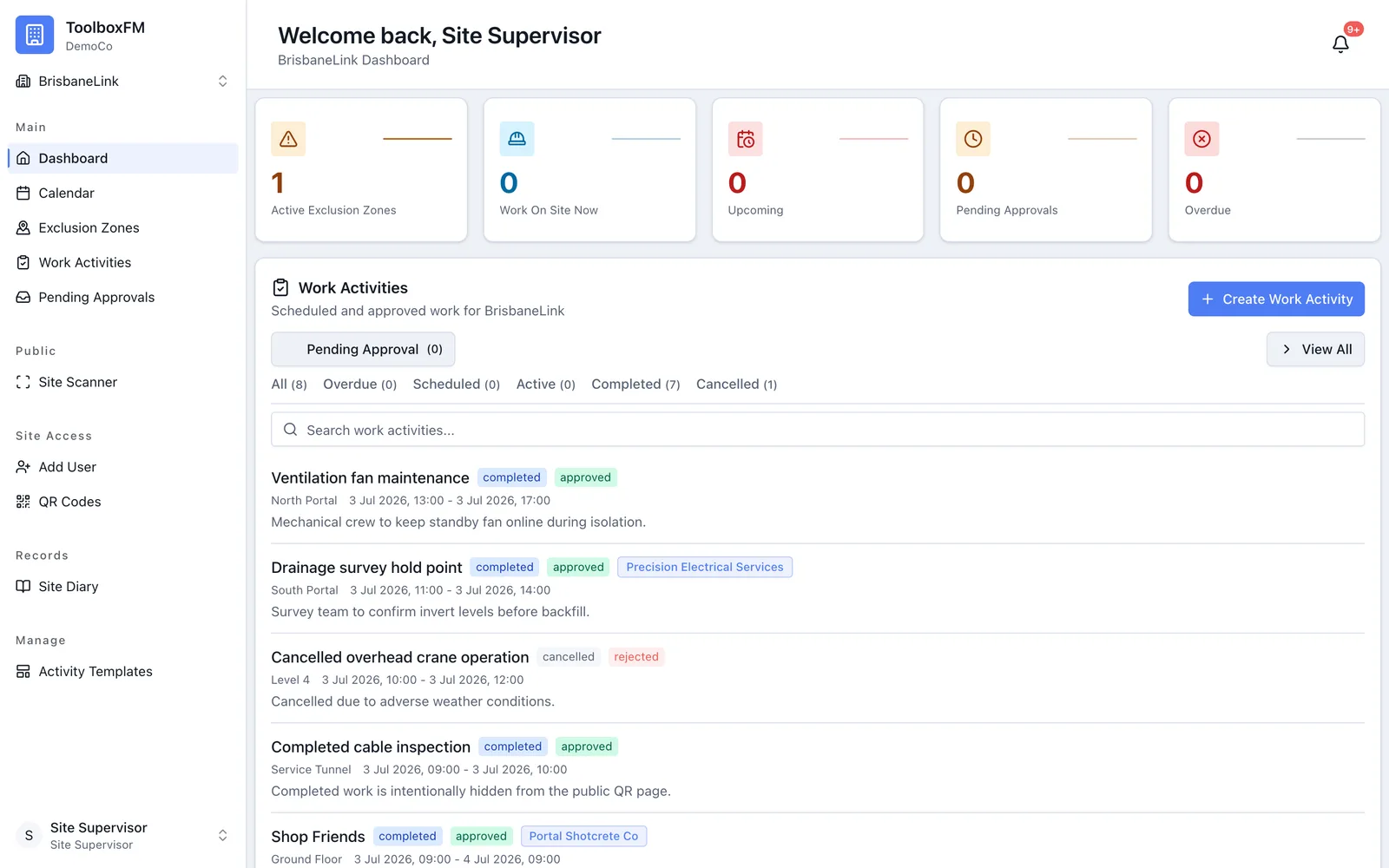 ToolboxFM dashboard — live exclusion zones and work activities