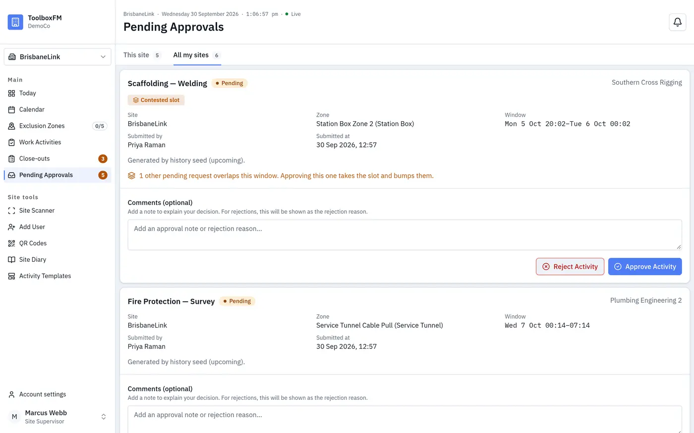 Pending approvals queue, each request showing its zone and requested window