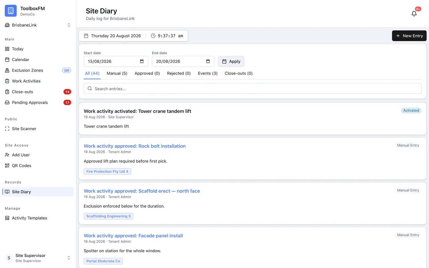 Site diary — a dated log of approvals, activations and manual entries with author and subcontractor