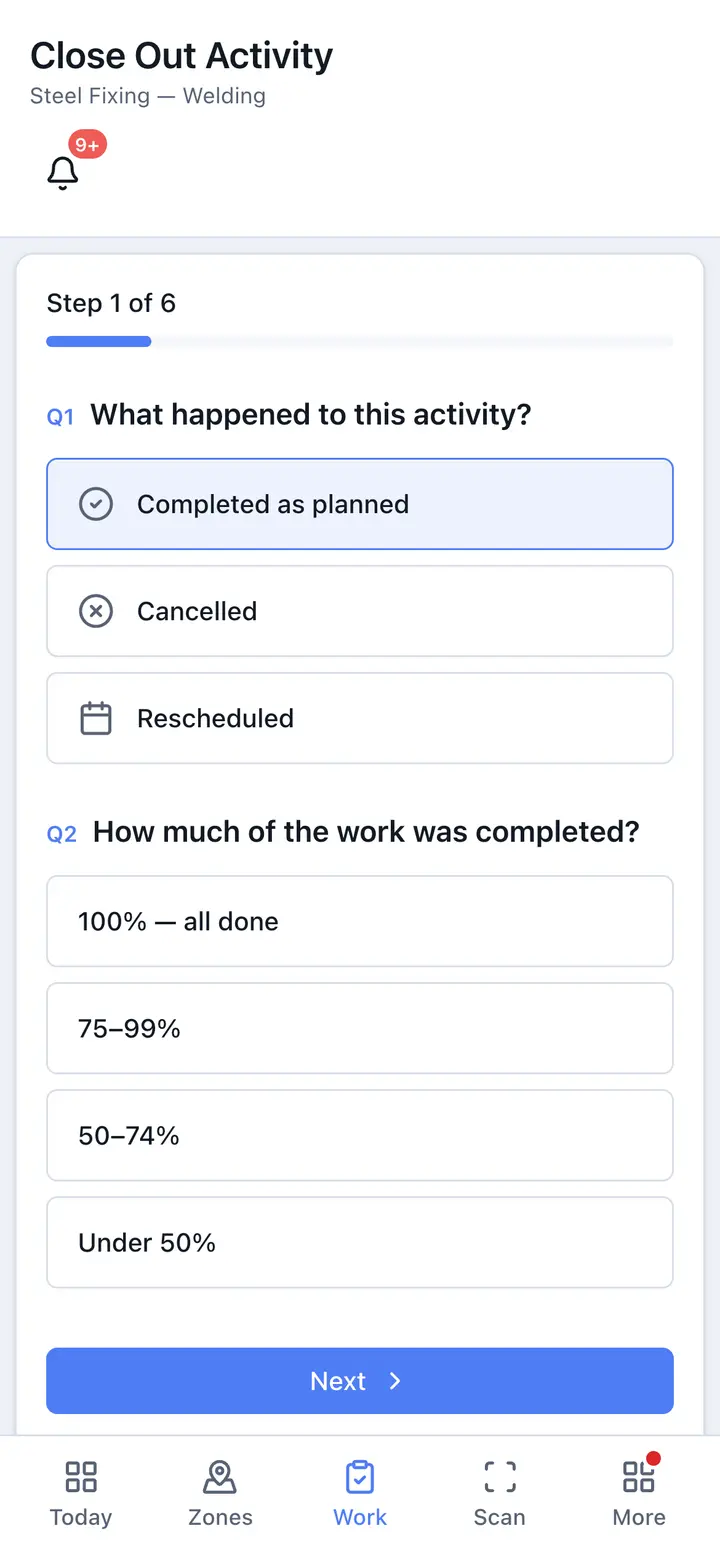 Close out activity wizard on a phone — step 1 of 6, what happened and how much was completed