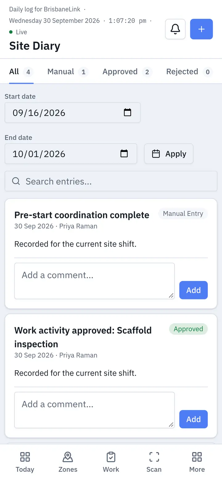 Project diary on a phone