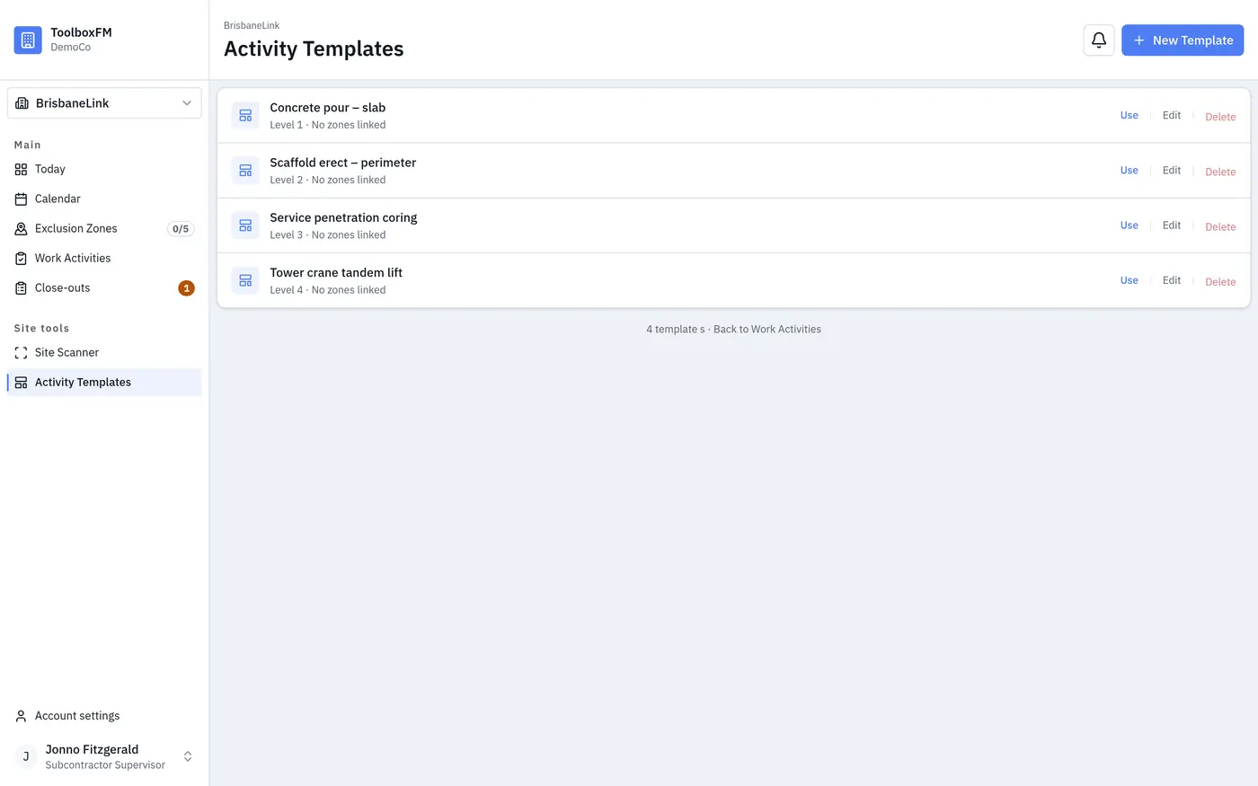 Reusable activity templates a subcontractor can book from